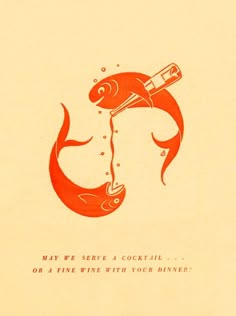 a card with an image of a fish holding a wine bottle in it's mouth that says, may we serve a cocktail or fine wine with your dinner