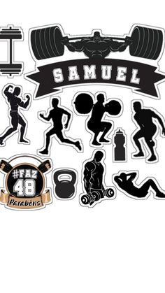 an assortment of stickers with the words samuel and various sports related items on it