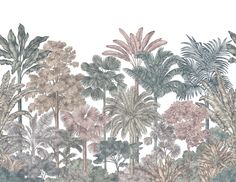 a drawing of tropical trees and plants in pastel colors on a white wallpaper background