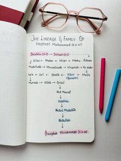 a notebook with some writing on it next to a pair of glasses and a pen