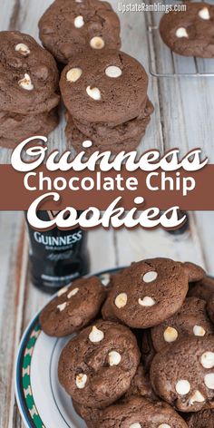 chocolate chip cookies on a plate with the words guinness chocolate chip cookies