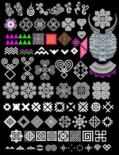 an assortment of different patterns and shapes on a black background with white outlines,