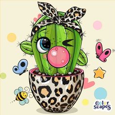 a green cactus with a pink bubble in it's mouth, surrounded by other small animals