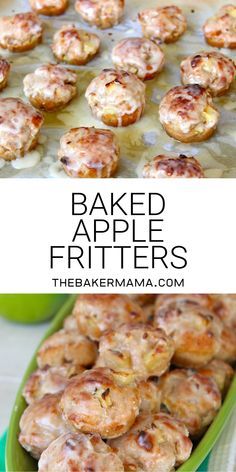 baked apple fritters in a green baking dish