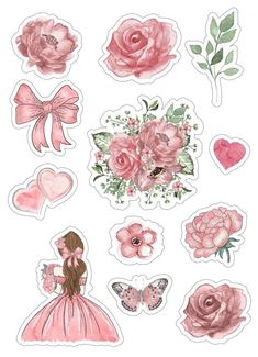 pink flowers and hearts stickers on a white background