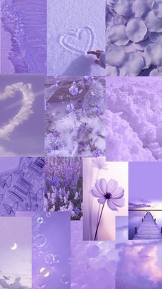 a collage of purple and white images with hearts in the sky, clouds, flowers, water