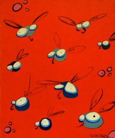 an orange background with blue and white bugs on it