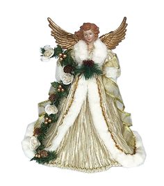 an angel figurine with white fur and gold trimmings