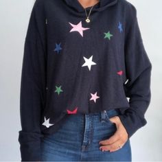 So Soft Practically Brand New Trendy Blue Star Print Top, Trendy Blue Top With Star Print, Casual Star Print Hoodie For Fall, Casual Crew Neck Hoodie With Star Print, Casual Long Sleeve Star Print Hoodie, Trendy Fall Hoodie With Star Print, Casual Star Print Sweatshirt For Loungewear, Casual Winter Hoodie With Star Print, Casual Long Sleeve Sweatshirt With Star Print