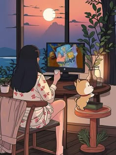 a woman sitting at a desk with a cat looking out the window while watching tv