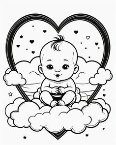 a black and white drawing of a baby sitting on clouds in the shape of a heart