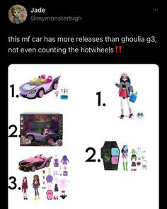 an image of the contents of a barbie doll and her car with numbers on it