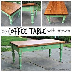 an old coffee table with drawers is painted green and has been turned into a side table