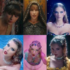 four different pictures of women in costume and jewelry, one is wearing a tiara