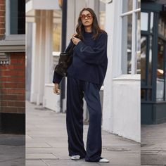 Look We Love: Silky Trousers & Knits Jumper Trousers Outfit, Relaxed Work Outfits Women, Winter Relaxed Outfits, Cool Trousers Outfit, Sheerluxe Outfits, Trouser Sweater Outfit, Navy Work Outfits Women, Monochrome Navy Outfit, Navy Silk Pants Outfit