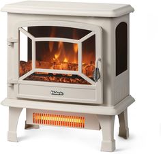 a white stove with flames in it