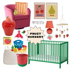 a baby's room with fruit nursery items including a crib, chair and lamp