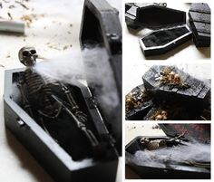 Skeleton Coffin Invitations tutorial - Amber Dawn of the Dead Coffin Invitations, Halloween Invites, Wooden Coffin, Dawn Of The Dead, Plastic Skeleton, Scary Decorations, Halloween Invitation, Horror Decor