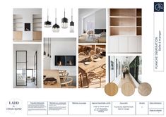 the interior design board shows different types of furniture and lighting, including chairs, tables, lamps