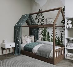 a child's bedroom with a canopy bed and green curtains