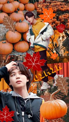 a collage of photos with pumpkins, leaves and a woman in the background