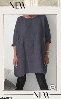 Solid Color with Pockets Crew Neck 3/4 Sleeves Blouse Half Sleeve Tops, Sleeves Blouse, Linen Casual, Cotton Bottoms, Fall Fashion Outfits, Maxi Dress With Sleeves, Casual Blouse, Online Shopping Clothes, Comfy Outfits