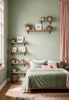 a bedroom with green walls and shelves filled with potted plants on top of the bed