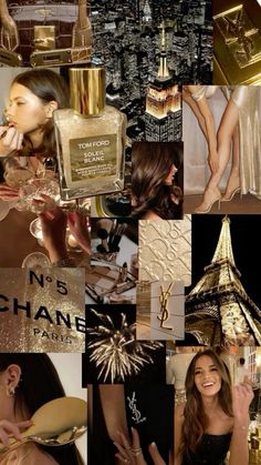 the collage shows many different types of women's outfits and accessories, including perfumes