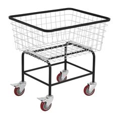 a wire basket on wheels with two red wheels and one white basket in the middle