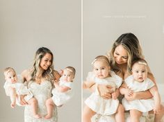 a woman holding three babies in her arms