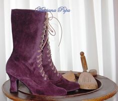 "Request a Custom Order and have something made just for you! Order your customised boots for wider feet , strong calf and narrow feet also. Beautiful Victorian High Heel Boots . High quality Italian Amethyst purple suede leather . Are issued by limited series. Model inspired from 1900 boot style. Mid calf height: height of the heel 2,6\" inch/ 7 cm length of the boot from the bottom of the sole (at the heel) to the top 10\" inch / 25,5 cm You can get remarkable and not expensive handmade boots Victorian Boots With Leather Sole For Formal Wear, Victorian Formal Boots With Leather Sole, Formal Victorian Boots With Leather Sole, Historical Round Toe Formal Boots, Historical Formal Boots With Round Toe, Historical Round Toe Boots For Formal Occasions, Victorian Almond Toe Fitted Boots, Vintage Fitted Lace-up Boots With Snip Toe, Victorian Boots For Formal Fall Occasions