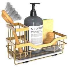 a soap dispenser and cleaning supplies in a metal dish rack on a white background