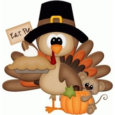 a turkey with a pilgrim hat holding a small mouse