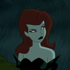 an animated image of a woman with red hair and green eyes, in the dark