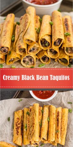 creany black bean taquitos with salsa in the background