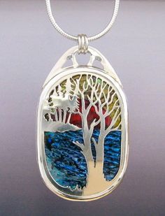 Sterling Silver One of a Kind Landscape Pendant Keramik Design, Precious Metal Clay, Paua Shell, Outdoor Enthusiast, Pierced Jewelry, Enamel Jewelry, Gems Jewelry, Archaeology