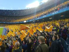 a crowd of people holding flags in front of a soccer stadium filled with spectators and fans