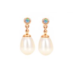 9ct Rose Gold Opal with Pearl Drop Earrings - Rococo Jewellery Rose Gold Drop Earrings, Opal Studs, Opal Earrings, Contemporary Jewellery, Gold Drop Earrings, Pearl Drop Earrings, Pearl Drop, Winter Collection, Jewellery And Watches