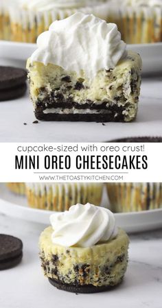 mini oreo cheesecakes with whipped cream on top and cookies in the background