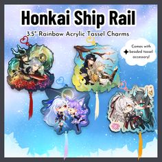 four anime character shaped key chains with the words honkai ship rail on them