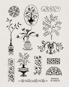 an old fashioned drawing of various vases and planters with designs on them in black ink