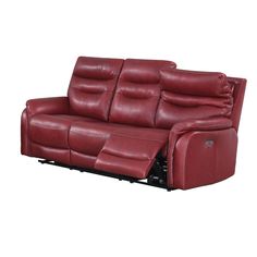 a red leather reclining sofa sitting on top of a white floor