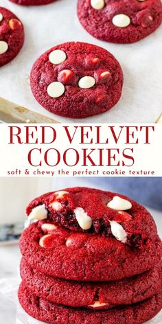 red velvet cookies with white chocolate chips are stacked on top of each other and in the middle