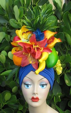 TROPICAL FRUITS  BLUE TURBAN~CARMEN MIRANDA STYLE ~   This store has been selling on ETSY for 15 years with seriousness and experience in what it does and grateful and happy to do my work. I invite clients to ask what comes to mind that I can do almost everything with artificial flowers and fruits THIS TURBAN IS MADE WITH CARE SO THAT THE FLOWERS OR FRUITS ARE SAFE AND IN ADDITION THE FLOWERS AND FRUITS ARE STRATEGICALLY PLACED    They can be used in tropical weddings, bachelor parties, tropical Fruit Headdress, Fruit Hat, Tropical Weddings, Bachelor Parties, Carmen Miranda, Summer Barbecue, Tropical Party, Tropical Fruits, Tropical Wedding