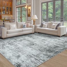 a living room filled with furniture and windows next to a large rug on top of a hard wood floor