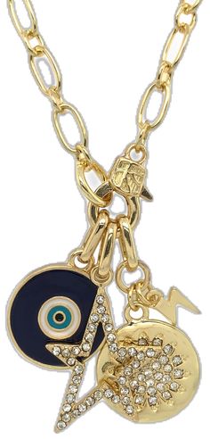 Pave & Blue Enamel Eye Disc Star Charm Necklace  Yellow Gold Plated 16 Long Pave Ear Cuff, Triple Layer Necklace, Medium Hoop Earrings, Star Charm Necklace, Bar Pendant Necklace, Diamond Bar, Bar Pendant, Strand Bracelet, Large Hoop Earrings