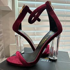 Size: 6 Velvet Material, Clear Block Heel Never Worn Only Tried On Trendy Burgundy Heels For Formal Occasions, Burgundy Block Heel Party Shoes, Burgundy Heels For Spring Party, Spring Party Burgundy Heels, Chic Burgundy Party Heels, Wine Heels, Clear Block Heels, Custom Prom Dress, Red Heels