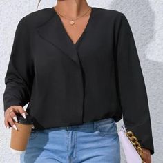 Black Shein Long Sleeve Waterfall Collar Blouse Shirt New In Package 2xl Trendy Black Blouse For Office Wear, Black Long Sleeve Blouse For Office, Black Long Sleeve Office Tops, Black Long Sleeve Tops For Office, Black Tops For Office, Black Tops For Office Wear, Casual Black Blouse For Office Wear, Black V-neck Shirt For Office, Black Casual Blouse For Office Wear