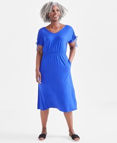 in stock Casual V-neck Dress With Gathered Sleeves, Blue Mid-length Ruched Dress, Casual Short Sleeve Midi Dress With Elastic Sleeves, Spring Blue Midi Dress With Elastic Sleeves, Blue Midi Dress With Elastic Sleeves For Summer, Blue V-neck Dress With Elastic Sleeves, Casual Dresses With Gathered Short Sleeves, Blue Summer Dress With Elastic Sleeves, Blue Dress With Elastic Sleeves