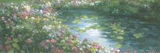 a painting of water lilies and other flowers by a stream in a park setting